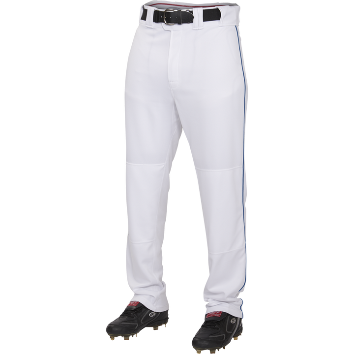 A person wearing Rawlings Adult Premium Semi-Relaxed Baseball Pants with Piping (PRO150P), made from 100% polyester, paired with a black belt and black cleats, stands against a plain white background.