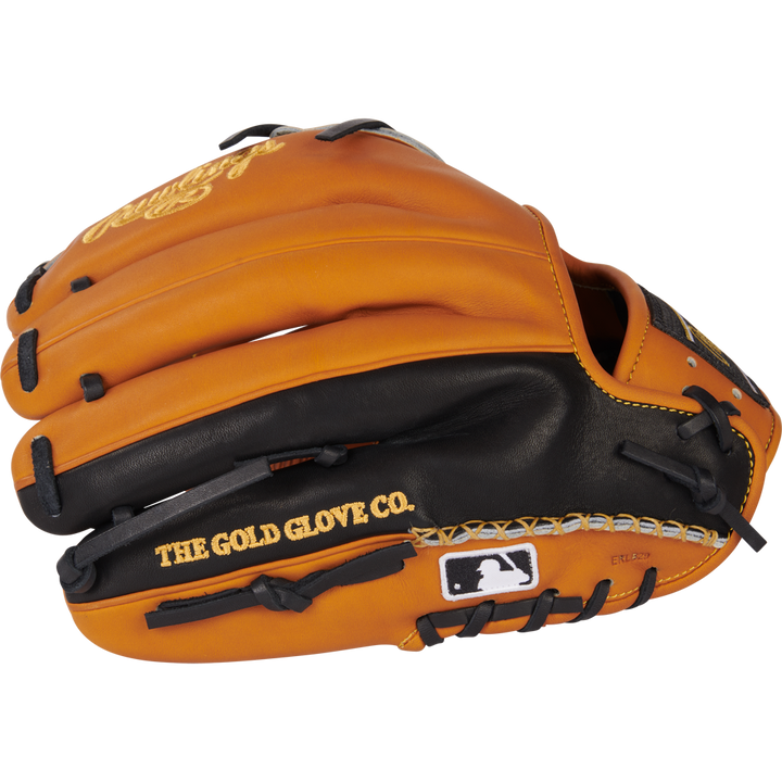 A Rawlings Heart of the Hide 11.75" Baseball Glove (PRO205-9TB) in brown and black, featuring THE GOLD GLOVE CO. and MLB logo stitching, is shown against a plain white background.