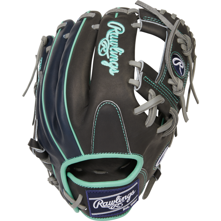 The Rawlings Heart of the Hide R2G 11.5" Baseball Glove (PROR204U-2DS) features a black design with teal and gray accents, white stitching, and a light blue and white embroidered Rawlings logo on the back.