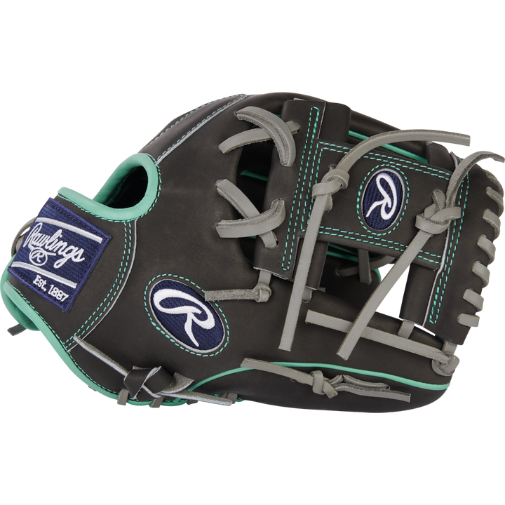 The Rawlings Heart of the Hide R2G 11.5" (PROR204U-2DS) is a black and gray infield glove with teal accents, white stitching, Rawlings logos on the wrist and thumb, an open web design, and is built for infield play.