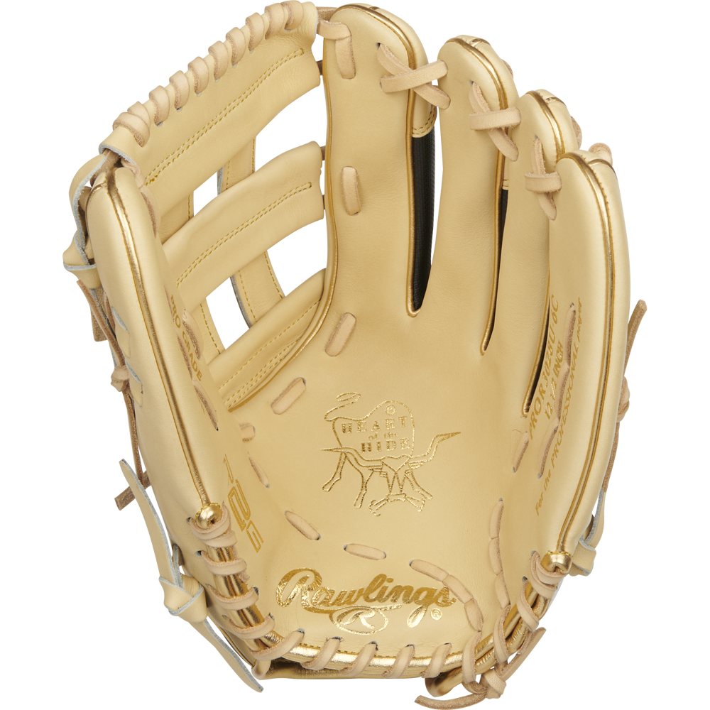 A close-up of the Rawlings Heart of the Hide R2G ContoUR 12.5" Baseball Glove (PROR3028U-6C), expertly crafted from premium steer-hide leather.