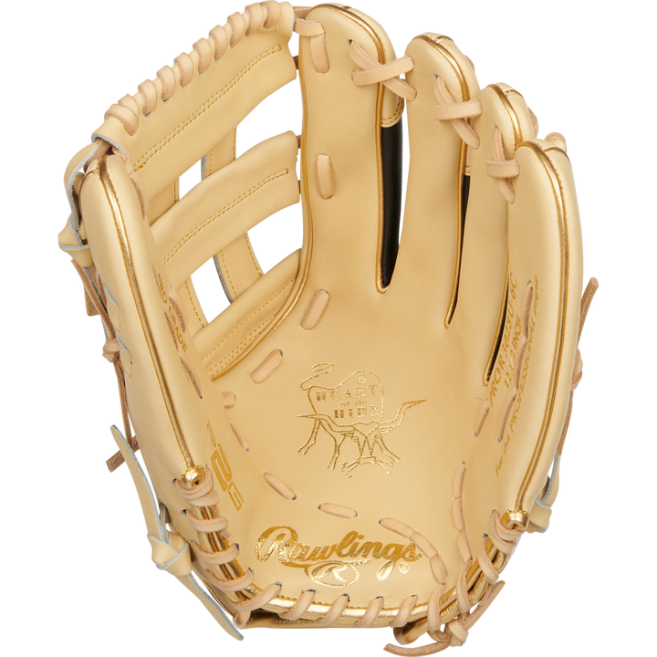 A close-up of the Rawlings Heart of the Hide R2G ContoUR 12.5" Baseball Glove (PROR3028U-6C), expertly crafted from premium steer-hide leather.