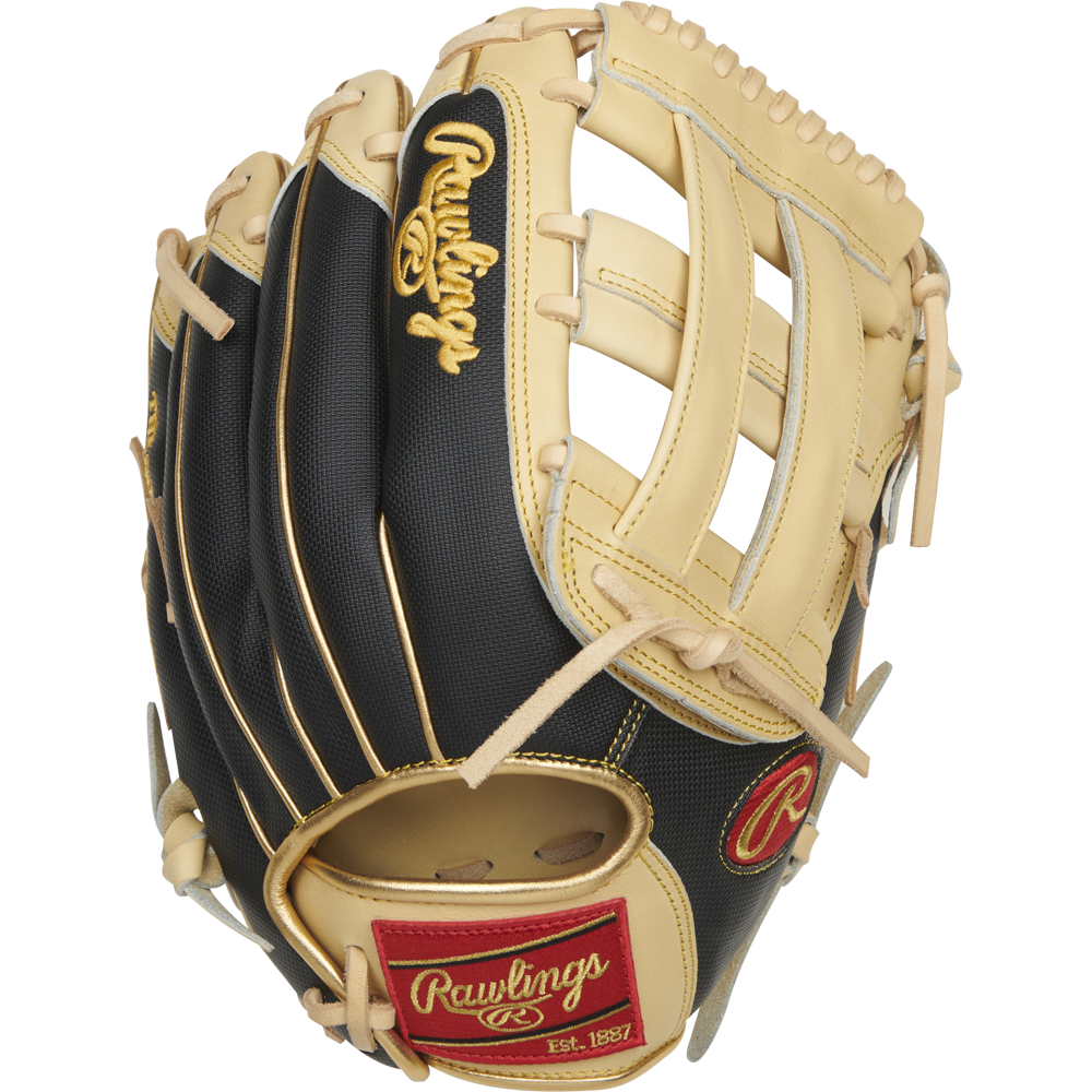 The Rawlings Heart of the Hide R2G ContoUR 12.5" Baseball Glove (PROR3028U-6C) features premium steer-hide leather in black and tan, gold stitching, tan laces, and a red Rawlings logo patch on the wrist with "Est. 1887.