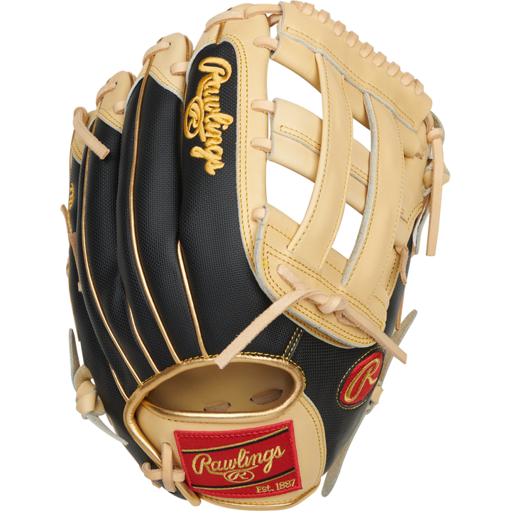 The Rawlings Heart of the Hide R2G ContoUR 12.5" Baseball Glove (PROR3028U-6C) features premium steer-hide leather in black and tan, gold stitching, tan laces, and a red Rawlings logo patch on the wrist with "Est. 1887.