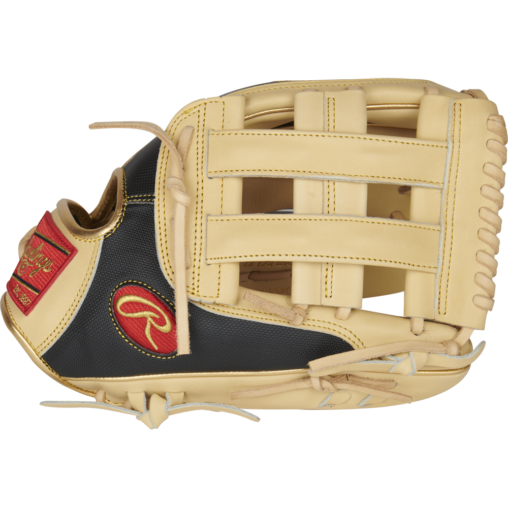 The Rawlings Heart of the Hide R2G ContoUR 12.5" Baseball Glove (PROR3028U-6C) features a tan and black design with red logo patches, tan laces, large webbing, and premium steer-hide leather. Shown on a white background.