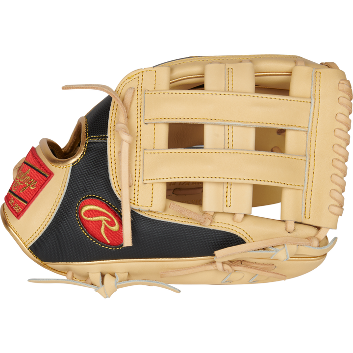 The Rawlings Heart of the Hide R2G ContoUR 12.5" Baseball Glove (PROR3028U-6C) features a tan and black design with red logo patches, tan laces, large webbing, and premium steer-hide leather. Shown on a white background.