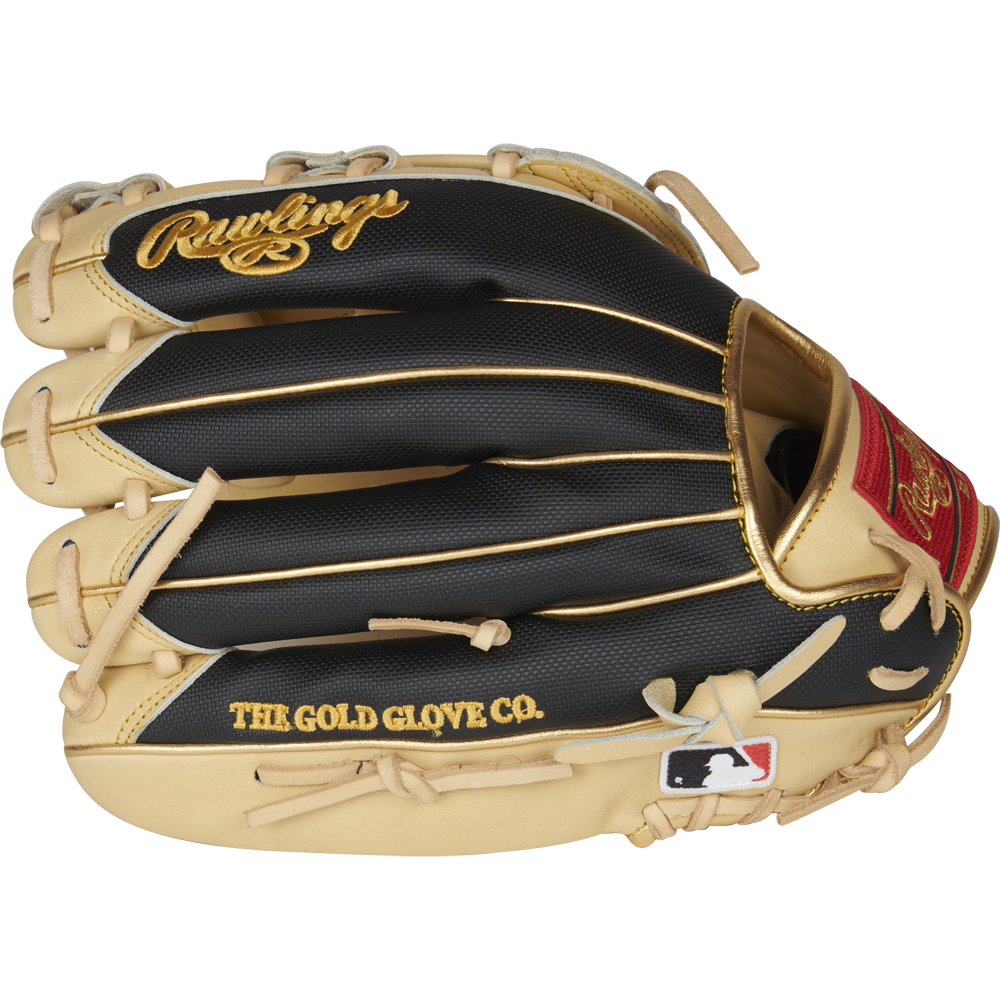 The Rawlings Heart of the Hide R2G ContoUR 12.5" Glove (PROR3028U-6C) features a black and tan design with gold accents, red Rawlings logo, "THE GOLD GLOVE CO." text, MLB logo on the wrist strap, and premium steer-hide leather.