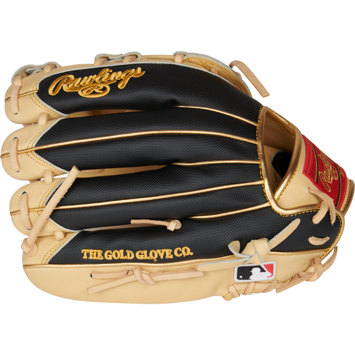 The Rawlings Heart of the Hide R2G ContoUR 12.5" Glove (PROR3028U-6C) features a black and tan design with gold accents, red Rawlings logo, "THE GOLD GLOVE CO." text, MLB logo on the wrist strap, and premium steer-hide leather.