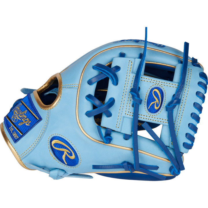 The Rawlings Heart of the Hide R2G ContoUR 11.25" Baseball Glove (PROR312U-2R) features light blue leather, dark blue lacing, gold accents, and blue logos, shown against a white background.