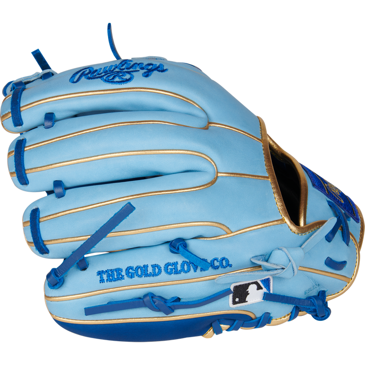 The Rawlings Heart of the Hide R2G ContoUR 11.25" Baseball Glove (PROR312U-2R) features a light blue design with gold accents, blue laces, and "THE GOLD GLOVE CO." embroidery. The MLB logo appears near the wrist opening.