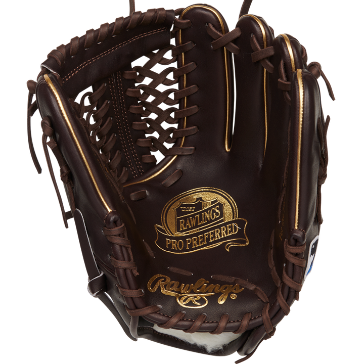 The Rawlings Pro Preferred 11.75" Baseball Glove: PROS205-4MO features dark brown kip leather with tan stitching and laces, plus gold Rawlings logos on the palm and wrist for premium style and performance.
