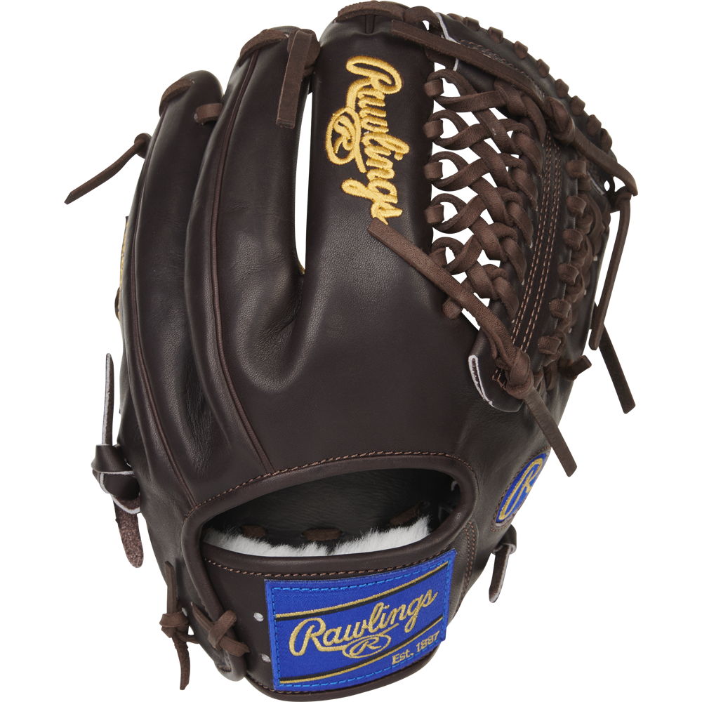 The Rawlings Pro Preferred 11.75" Baseball Glove: PROS205-4MO features dark brown premium kip leather, yellow embroidered Rawlings logos, a blue Est. 1887 patch, woven web, and sturdy leather lacing for infielders/pitchers.