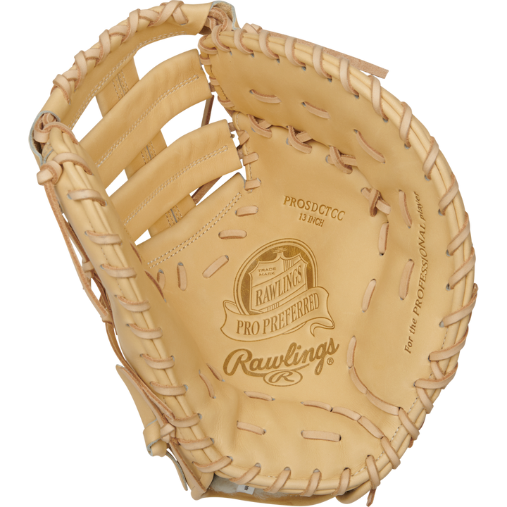 A Rawlings Pro Preferred 13" Baseball First Base Mitt (PROSDCTCC) is shown from above with the pocket open, highlighting its tan kip leather, visible stitching, laces, and palm branding—a premium choice for serious players.