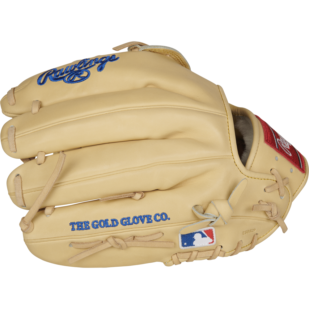 The Rawlings Pro Preferred 12.25" Kris Bryant GM Baseball Glove (PROSKB17C) is a tan utility glove with blue Rawlings and THE GOLD GLOVE CO. text, tan laces, and an MLB logo patch—perfect for versatile players.