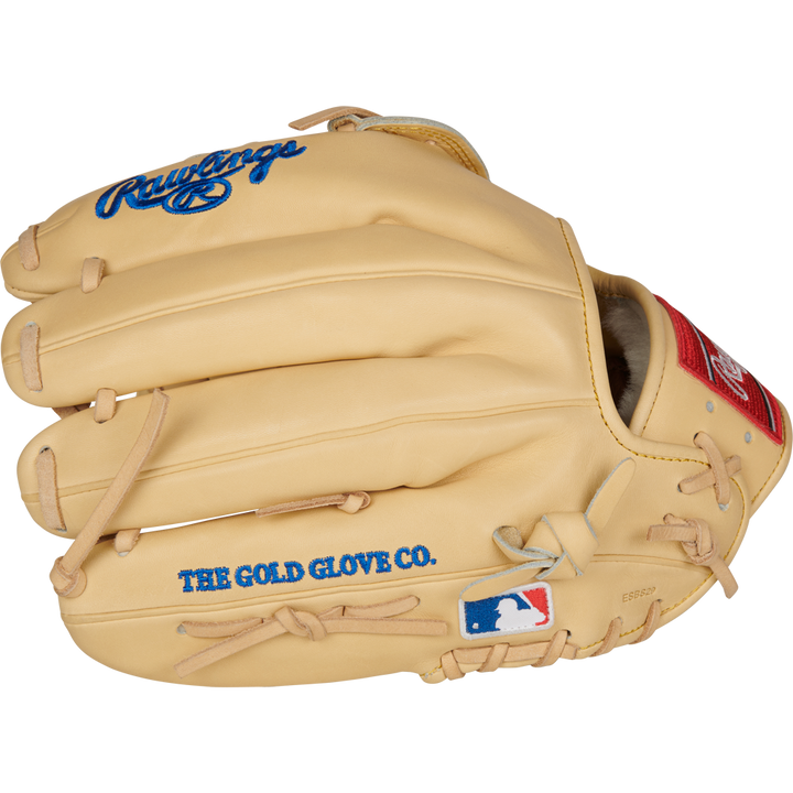 The Rawlings Pro Preferred 12.25" Kris Bryant GM Baseball Glove (PROSKB17C) is a tan utility glove with blue Rawlings and THE GOLD GLOVE CO. text, tan laces, and an MLB logo patch—perfect for versatile players.