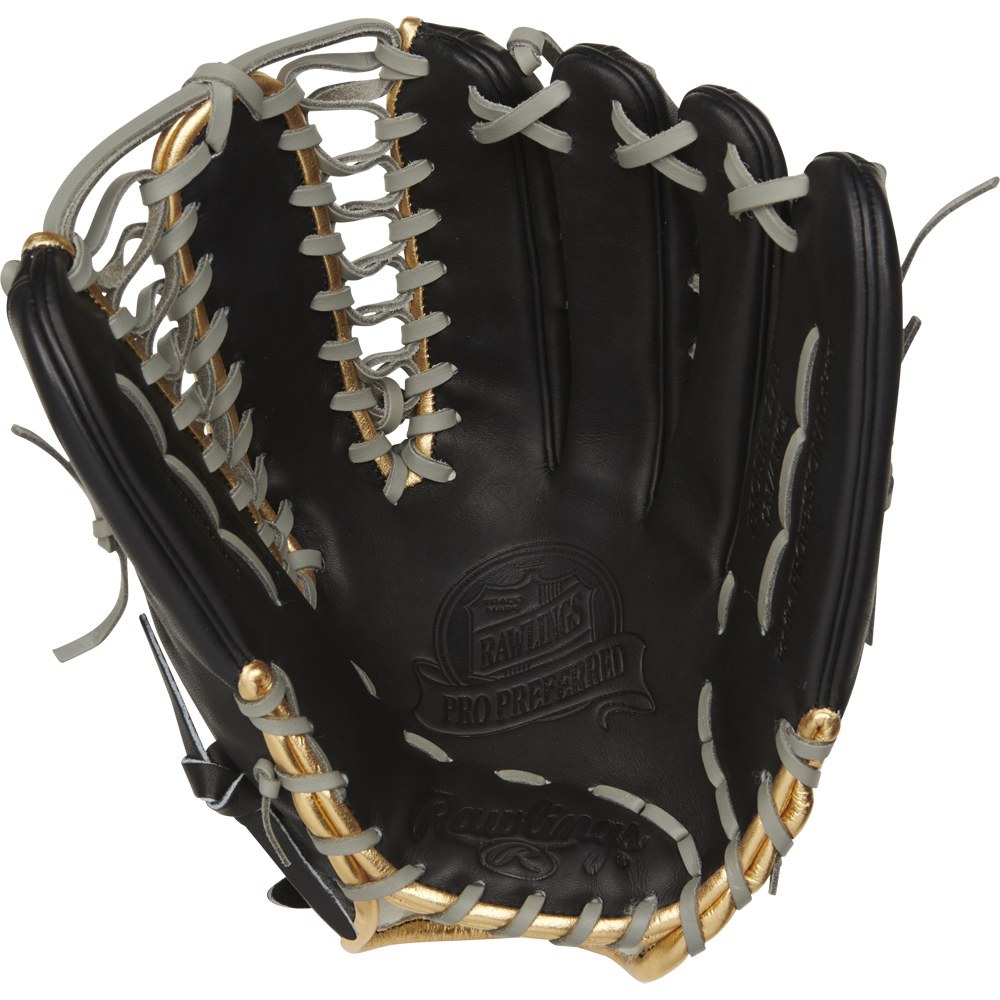 The Rawlings Pro Preferred 12.75" Mike Trout Gameday Baseball Glove (PROSMT27B) is shown open, featuring black leather with tan, gold, and white laces and visible Rawlings branding inside the palm.