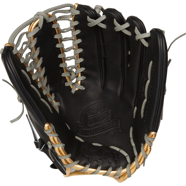 The Rawlings Pro Preferred 12.75" Mike Trout Gameday Baseball Glove (PROSMT27B) is shown open, featuring black leather with tan, gold, and white laces and visible Rawlings branding inside the palm.