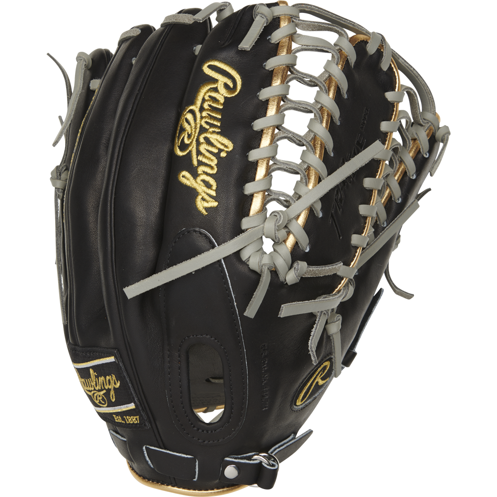 The Rawlings Pro Preferred 12.75" Mike Trout Gameday Glove (PROSMT27B) features black leather with tan and grey laces, gold embroidered logos, and detailed stitching—ideal as an outfield glove, shown upright on a white background.