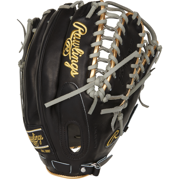 The Rawlings Pro Preferred 12.75" Mike Trout Gameday Glove (PROSMT27B) features black leather with tan and grey laces, gold embroidered logos, and detailed stitching—ideal as an outfield glove, shown upright on a white background.