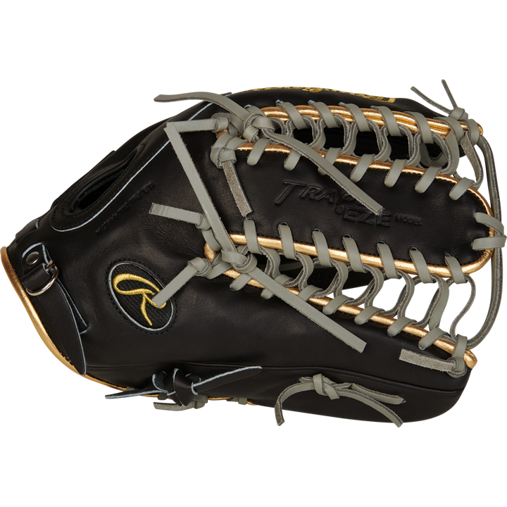 The Rawlings Pro Preferred 12.75" Mike Trout Gameday Baseball Glove (PROSMT27B) features black leather, gray laces, and gold accents—ideal for outfield performance with visible webbing and quality stitching.