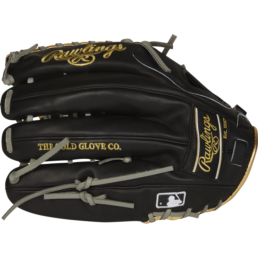 The Rawlings Pro Preferred 12.75" Mike Trout Gameday Glove (PROSMT27B) is a black outfield glove with gold and gray accents, embroidered Rawlings and The Gold Glove Co., plus the MLB logo—ideal for any collection.