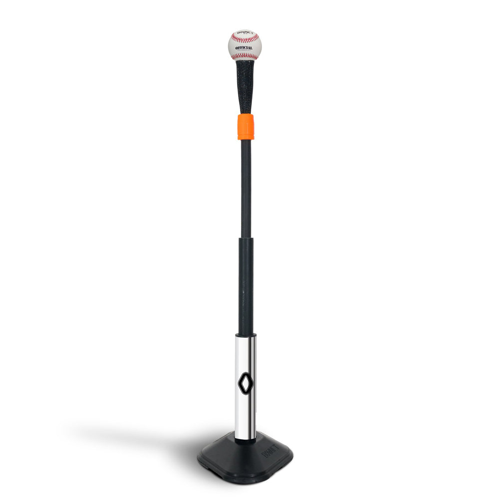 The Bownet ProMag Batting Tee (BN-PROMAG TEE) by Bownet features a black, adjustable design with an orange ring and square base, making it ideal for baseball or softball hitting practice.