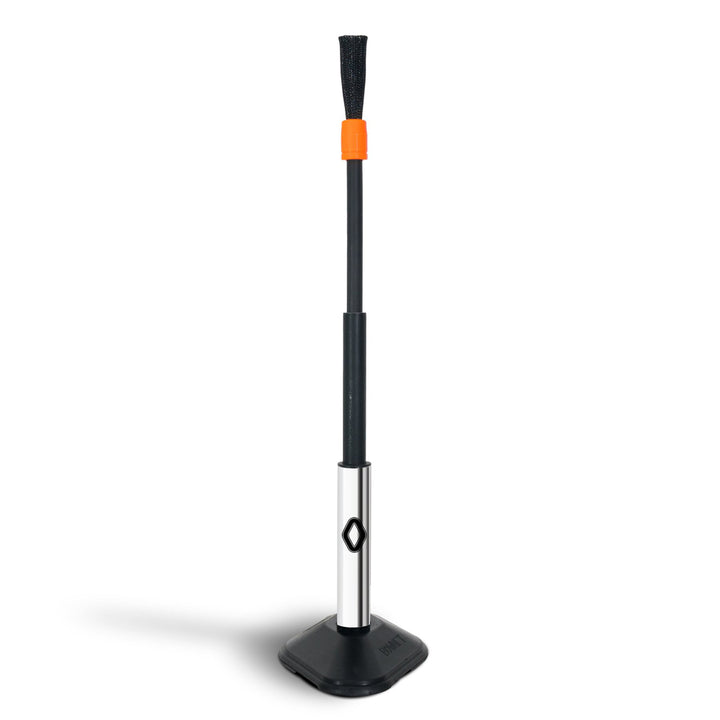 A black and silver grill cleaning brush with a long handle, orange accent, and rectangular base stands upright on a white background—its sturdy design recalls the durability of the Bownet ProMag Batting Tee by Bownet.