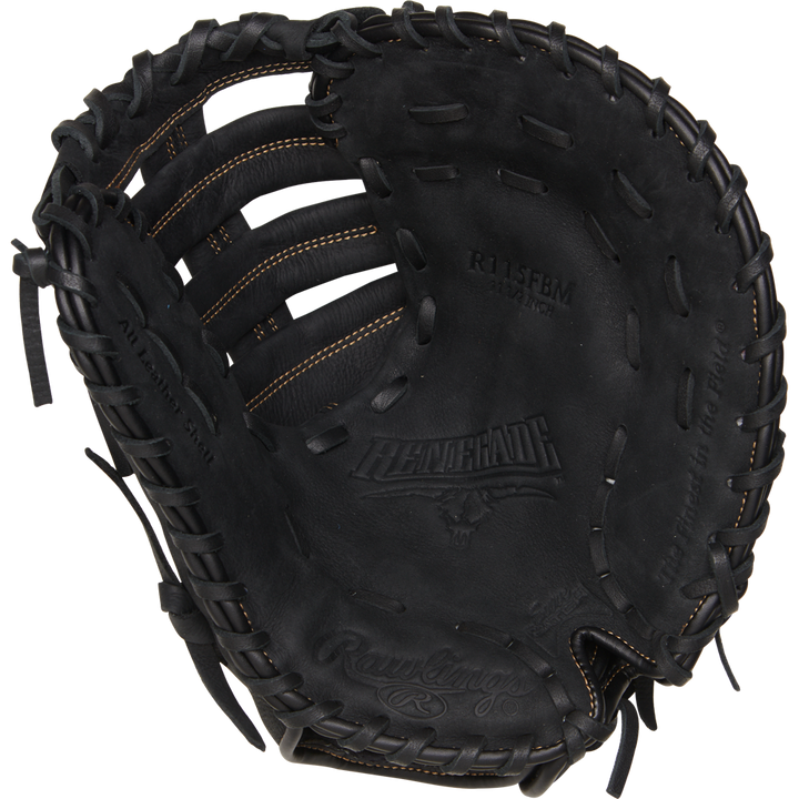The Rawlings Renegade 11.5" Youth Baseball First Base Mitt (R115FBM) is a black leather glove with visible stitching and laces, shown from above to highlight the pocket and webbing.