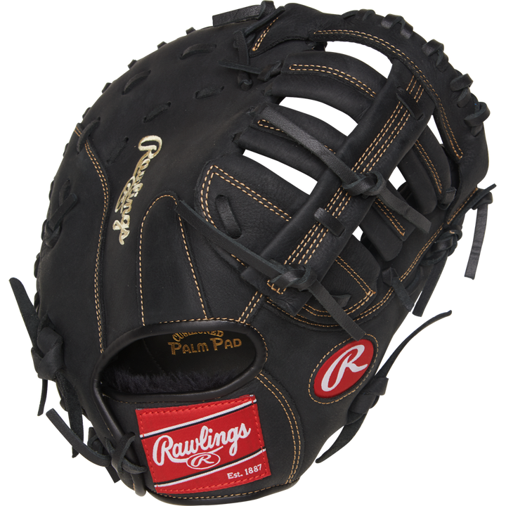 A black Rawlings Renegade 11.5" Youth Baseball First Base Mitt (R115FBM) with tan stitching, open web, red Rawlings logo patch, and gold embroidered brand name on the thumb.