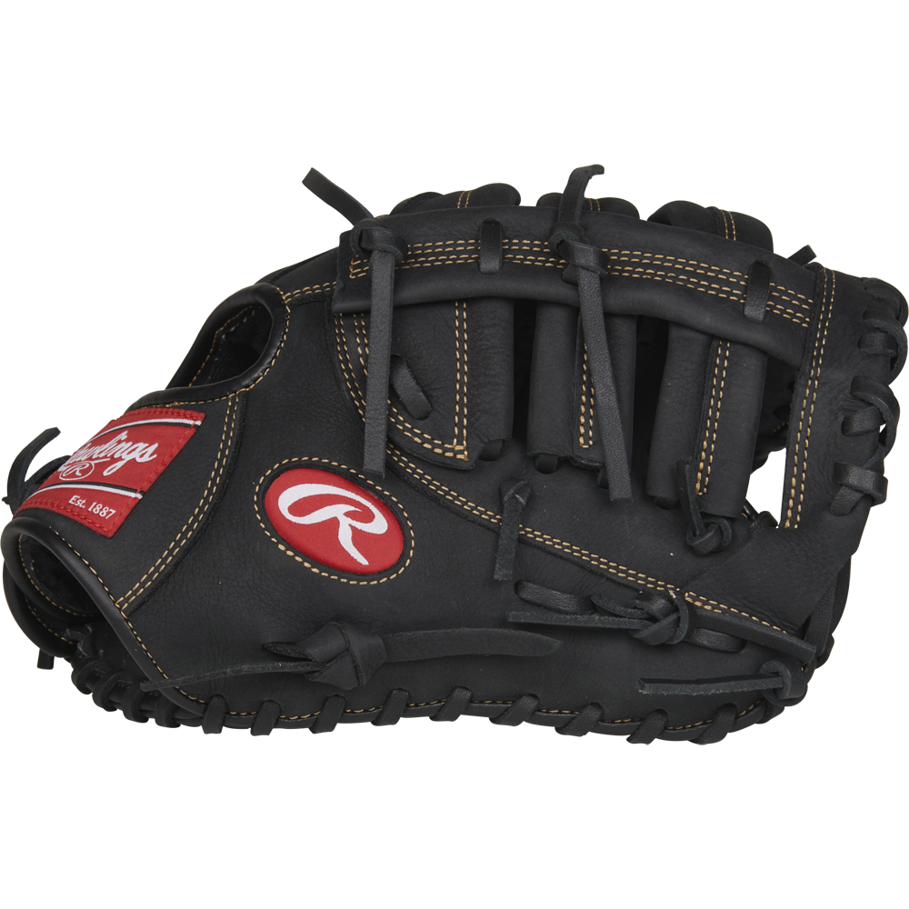 The Rawlings Renegade 11.5" Youth Baseball First Base Mitt (R115FBM) is a black leather glove with brown stitching and a red Rawlings logo patch on the side, displayed against a plain white background.