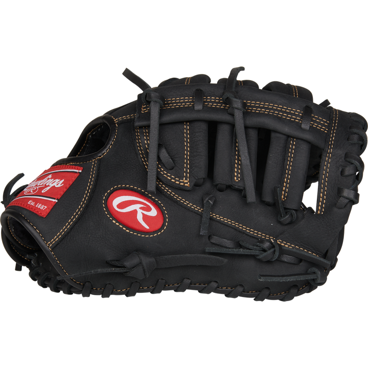 The Rawlings Renegade 11.5" Youth Baseball First Base Mitt (R115FBM) is a black leather glove with brown stitching and a red Rawlings logo patch on the side, displayed against a plain white background.