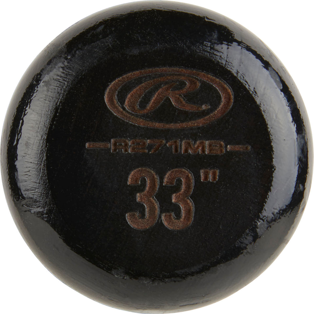 Close-up of the knob end of a Rawlings Adirondack Hard Maple Wood Baseball Bat: R271MB with the Rawlings logo and "33" length printed in brown.