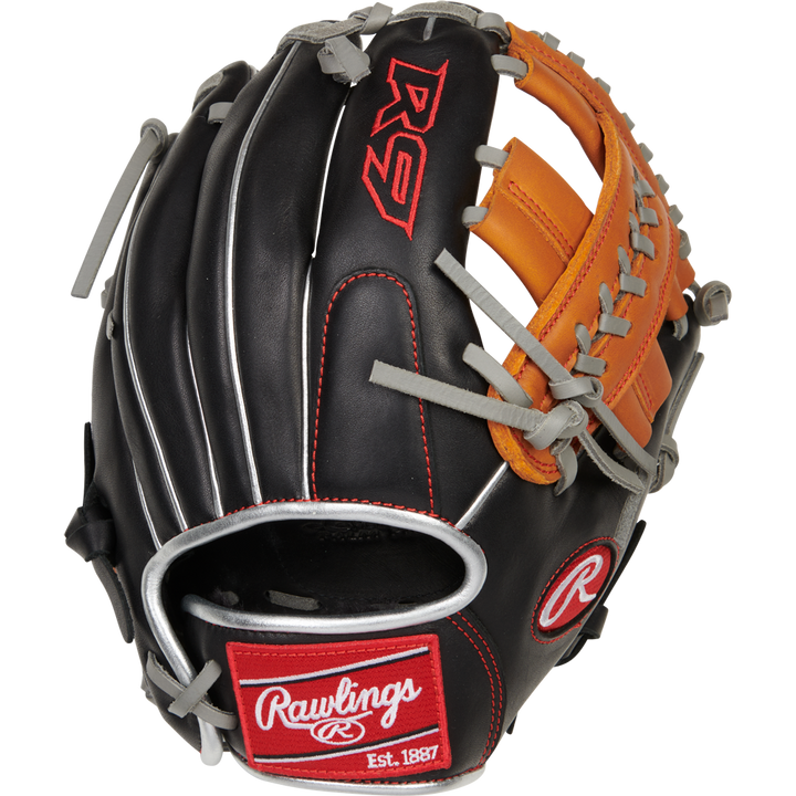 The Rawlings R9 11" ContoUR Baseball Glove (R9110U-19BT) features a black and brown design with gray laces, red and white branding, and embroidered patches—an ideal youth infield glove.