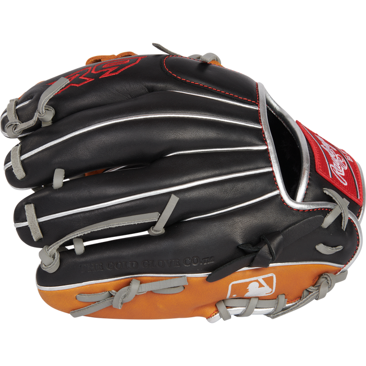 The Rawlings R9 11" ContoUR Baseball Glove (R9110U-19BT) features a black, orange, and gray design with white stitching—ideal as a youth infield glove and showcasing the classic Rawlings branding.