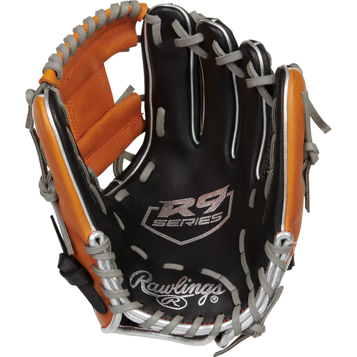 The Rawlings R9 11.25" ContoUR Baseball Glove (R91125U-2BT) features black and orange leather, gray laces, and âR9 SERIESâ plus Rawlings logos on the palmâideal as a youth infield glove, shown open against a white background.