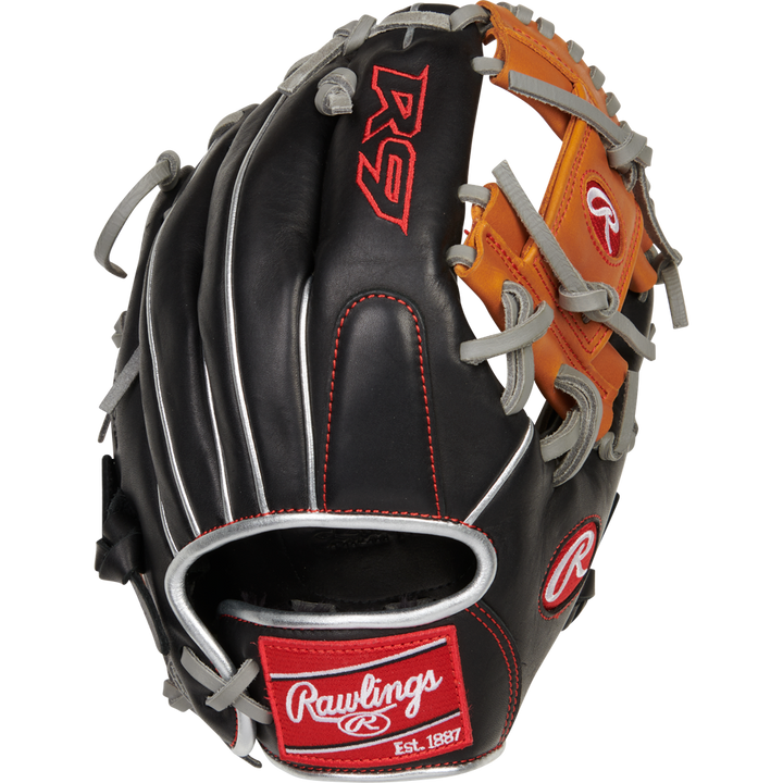 The Rawlings R9 11.25" ContoUR Baseball Glove (R91125U-2BT) features black, tan, and red leather with silver trim and visible stitching. This infield glove displays the Rawlings logo and R9 branding.