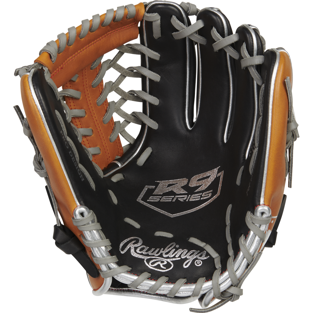 A close-up of the Rawlings R9 11.5" ContoUR Baseball Glove (R9115U-4BT) shows black and orange leather with gray laces and the Rawlings logo on the palm. This youth infield glove is built by Rawlings for lasting durability and top performance.