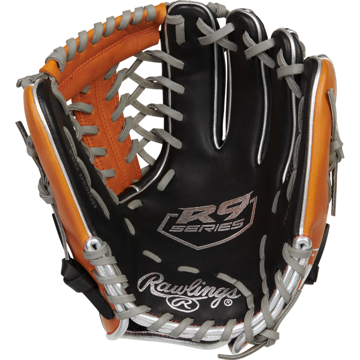 A close-up of the Rawlings R9 11.5" ContoUR Baseball Glove (R9115U-4BT) shows black and orange leather with gray laces and the Rawlings logo on the palm. This youth infield glove is built by Rawlings for lasting durability and top performance.