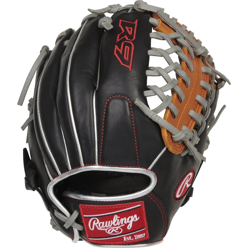 The Rawlings R9 11.5" ContoUR Baseball Glove (R9115U-4BT) is a black and brown youth glove with white lacing, red accents, the “R9” logo on the back, and a Rawlings patch near the wrist opening.