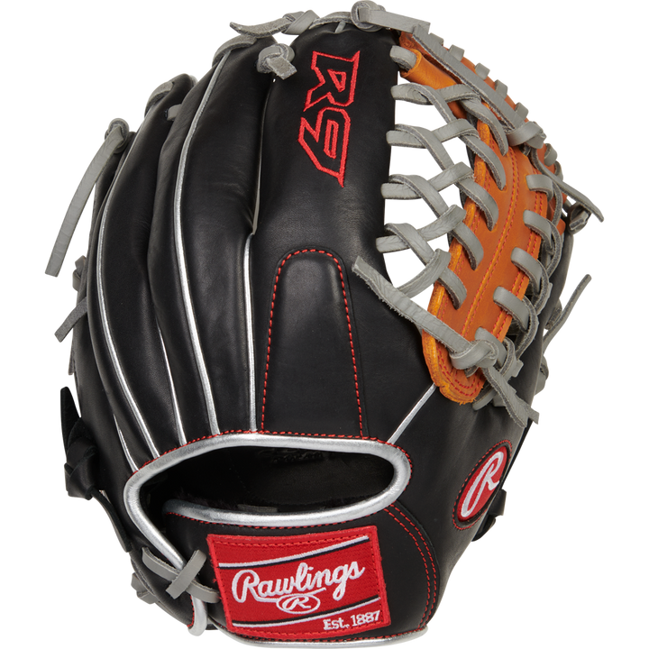 The Rawlings R9 11.5" ContoUR Baseball Glove (R9115U-4BT) is a black and brown youth glove with white lacing, red accents, the “R9” logo on the back, and a Rawlings patch near the wrist opening.