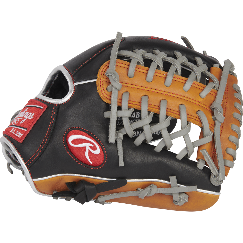 The Rawlings R9 11.5" ContoUR Baseball Glove (R9115U-4BT) features black, brown, and tan leather with gray lacing, red Rawlings patches, and an open web; perfect as a youth infield glove.