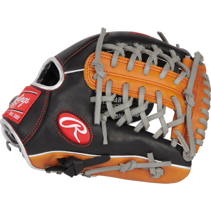 The Rawlings R9 11.5" ContoUR Baseball Glove (R9115U-4BT) features black, brown, and tan leather with gray lacing, red Rawlings patches, and an open web; perfect as a youth infield glove.