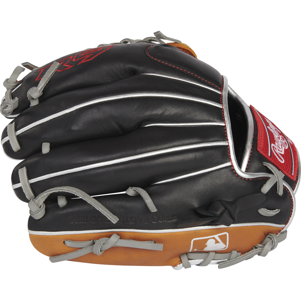The Rawlings R9 11.5" ContoUR Baseball Glove (R9115U-4BT) features a black and brown design with gray laces, red accents, and an embroidered Rawlings logo plus an MLB logo on the tan wrist—ideal for youth infielders.