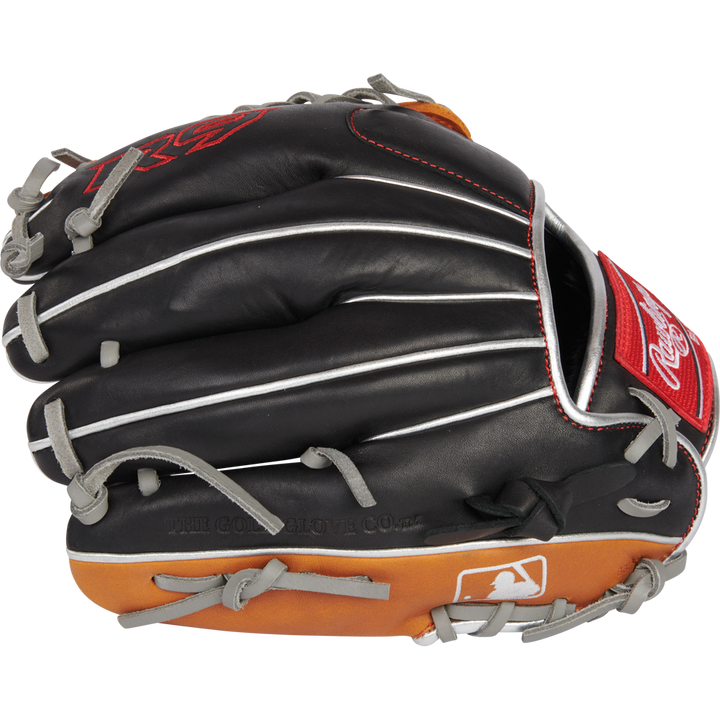 The Rawlings R9 11.5" ContoUR Baseball Glove (R9115U-4BT) features a black and brown design with gray laces, red accents, and an embroidered Rawlings logo plus an MLB logo on the tan wrist—ideal for youth infielders.