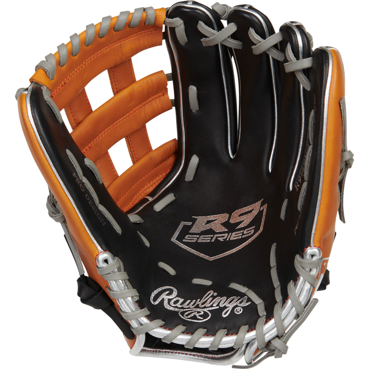 The Rawlings R9 12" ContoUR Baseball Glove (R9120U-6BT) is black and brown with gray laces, featuring R9 Series and Rawlings logos on the palm. The glove is shown open, displaying its inner side and webbing.