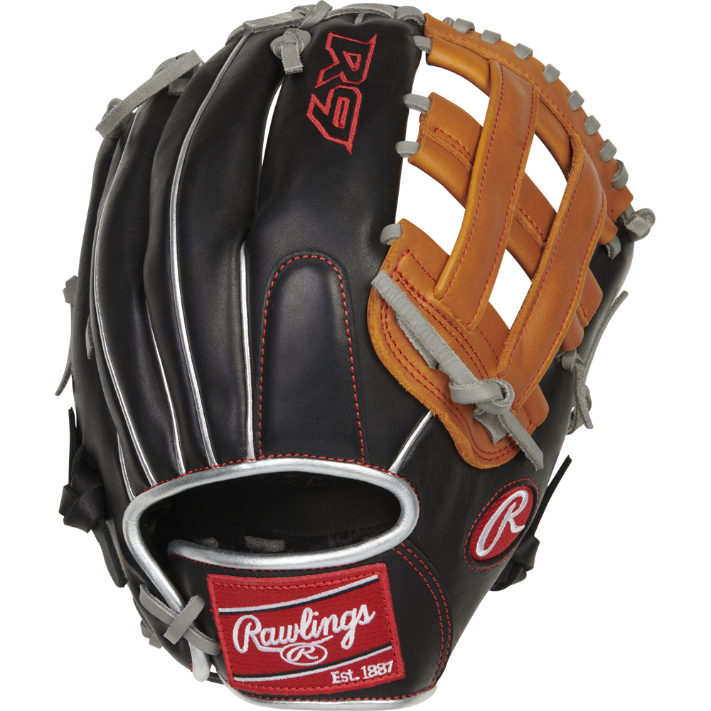 The Rawlings R9 12" ContoUR Baseball Glove (R9120U-6BT) features black and brown leather, gray laces, red Rawlings branding, and a "Rawlings Est. 1887" patch on the wrist strap.