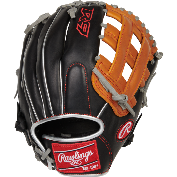 The Rawlings R9 12" ContoUR Baseball Glove (R9120U-6BT) features black and brown leather, gray laces, red Rawlings branding, and a "Rawlings Est. 1887" patch on the wrist strap.