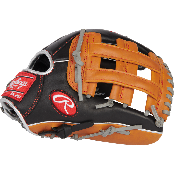 A close-up of the Rawlings R9 12" ContoUR Baseball Glove (R9120U-6BT), a youth infield/outfield glove featuring black, brown, and tan leather, white stitching, red Rawlings logos, woven web, and grey laces.