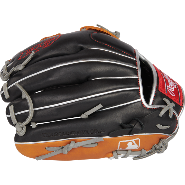 The Rawlings R9 12" ContoUR Baseball Glove (R9120U-6BT) features a black and tan design with white and gray laces, a red and white patch, MLB logo on the wrist, and "THE GOLD GLOVE CO." stamped on the side.