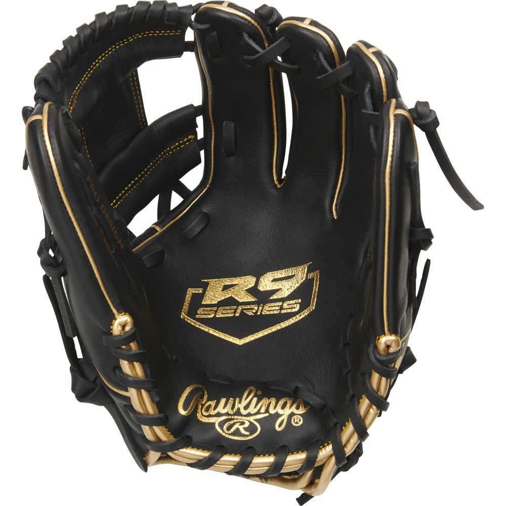 The Rawlings R9 11.5" Baseball Glove (R9204-2BG) is black with gold stitching and accents, featuring the R9 Series logo on the palm and the Rawlings logo near the wrist.